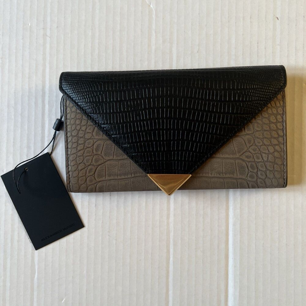 Alexander Wang Croc&Lizard Embossed Leather Clutch Wallet Military Taupe Black